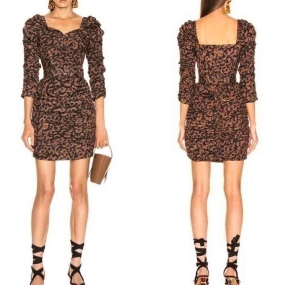 Nicholas Gathered Dress In Leopard Print Brown Mini Ruched Size US 4 Italy 40